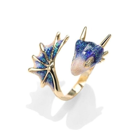 ✨3/$38 New Drip Glaze Glitter Blue Lucky Dragon Adjustable Statement Ring - Picture 5 of 14